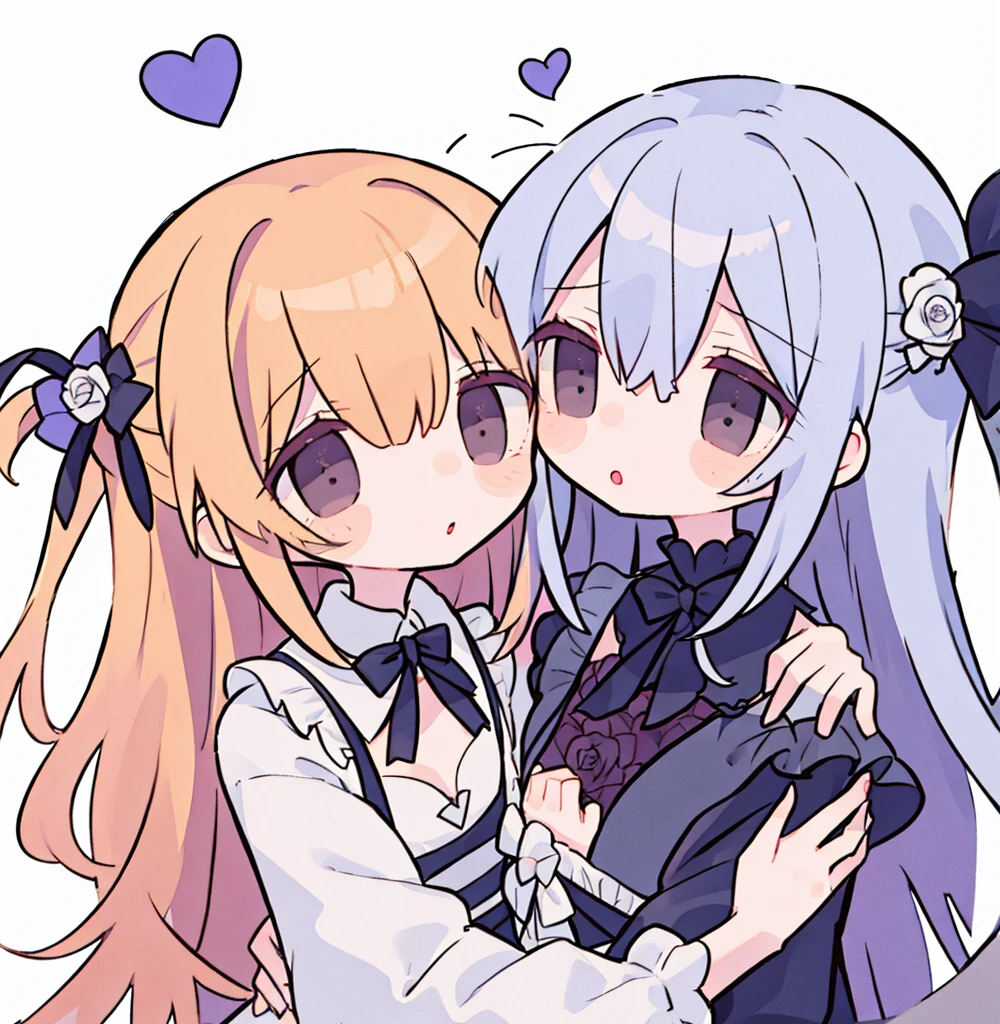 2girls pastel colors gradient flat chest hug kiss yuri lesbian gothic rose blonde silver hair gray eyes black eyes 