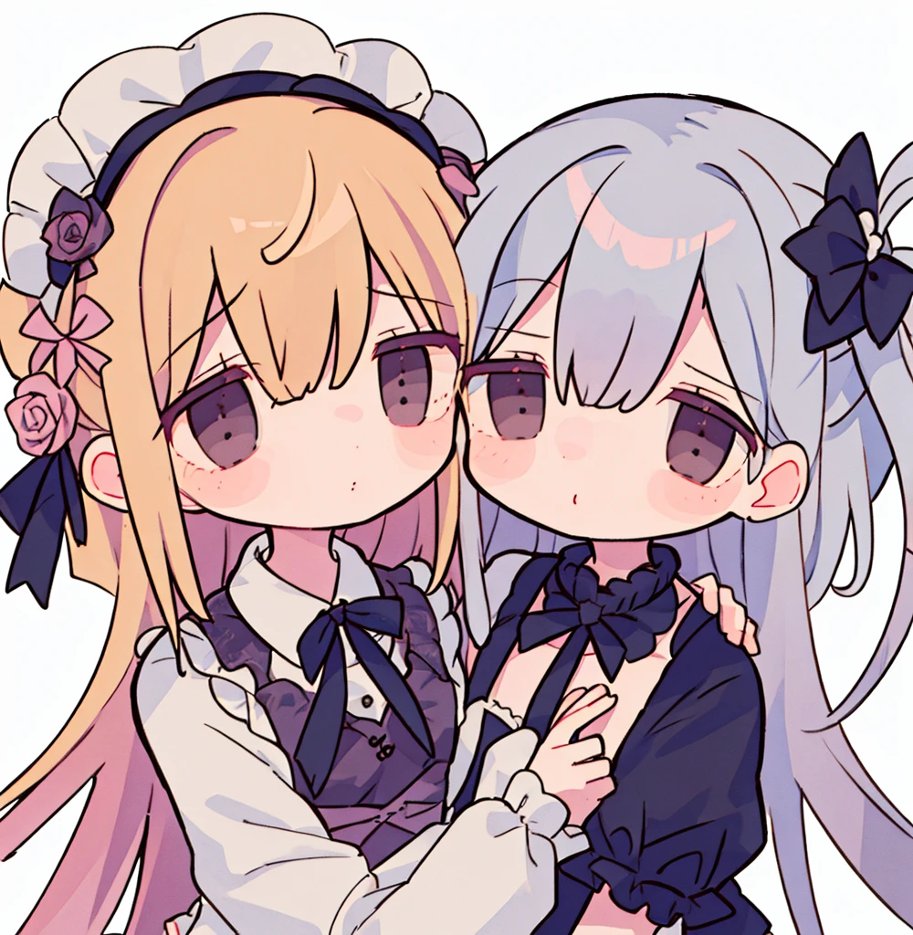 2girls pastel colors gradient flat chest hug kiss yuri lesbian gothic rose blonde silver hair gray eyes black eyes 