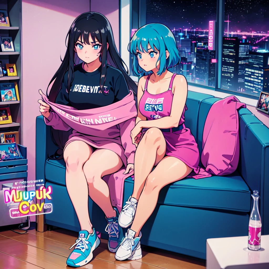 (masterpiece), Highest quality, Expressive eyes, Neon pastel aesthetics, Retro 90s, Neon color,((Girl sitting on sofa,In a cozy room,Records hanging on her wall, Comic books on the floor, Looking out the window behind her at the night city, Upholstered room, Anime figures lined up on a shelf)), Wearing headphones, (All around her it sparkles), (wearing thick colorful sneakers), (blue eyes), (Soft look), (Synthwave Art Style), Colorful Hair, Desk with PC set up