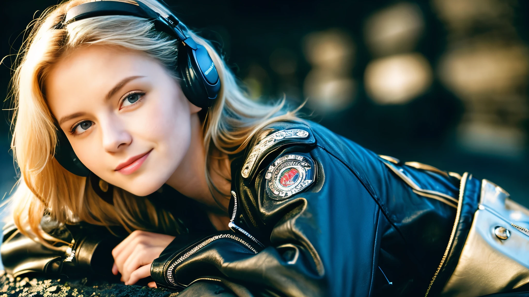 Beautiful blonde with big breasts in a biker jacket (Resting in the dark ruins),Wearing headphones,Very detailed, 21 years old, Innocent face, Naturally Wavy Hair, blue eyes, High resolution, masterpiece, Highest quality, Intricate details, Very detailed, Clear focus, Delicate skin, practical skin texture, texture, Delicate eyes, Professional, 4K, Cute Smile, Shot with Canon, 85mm, Shallow and deep, Kodak Vision Color, Exactly, Very detailed, photograph_\(Extremist\), photographpractical, practical, Post-processing, Maximum details, Roughness, Real Life, Extremist practical, Photorealism, photographgraphy, 8K Ultra HD, photographgraphy