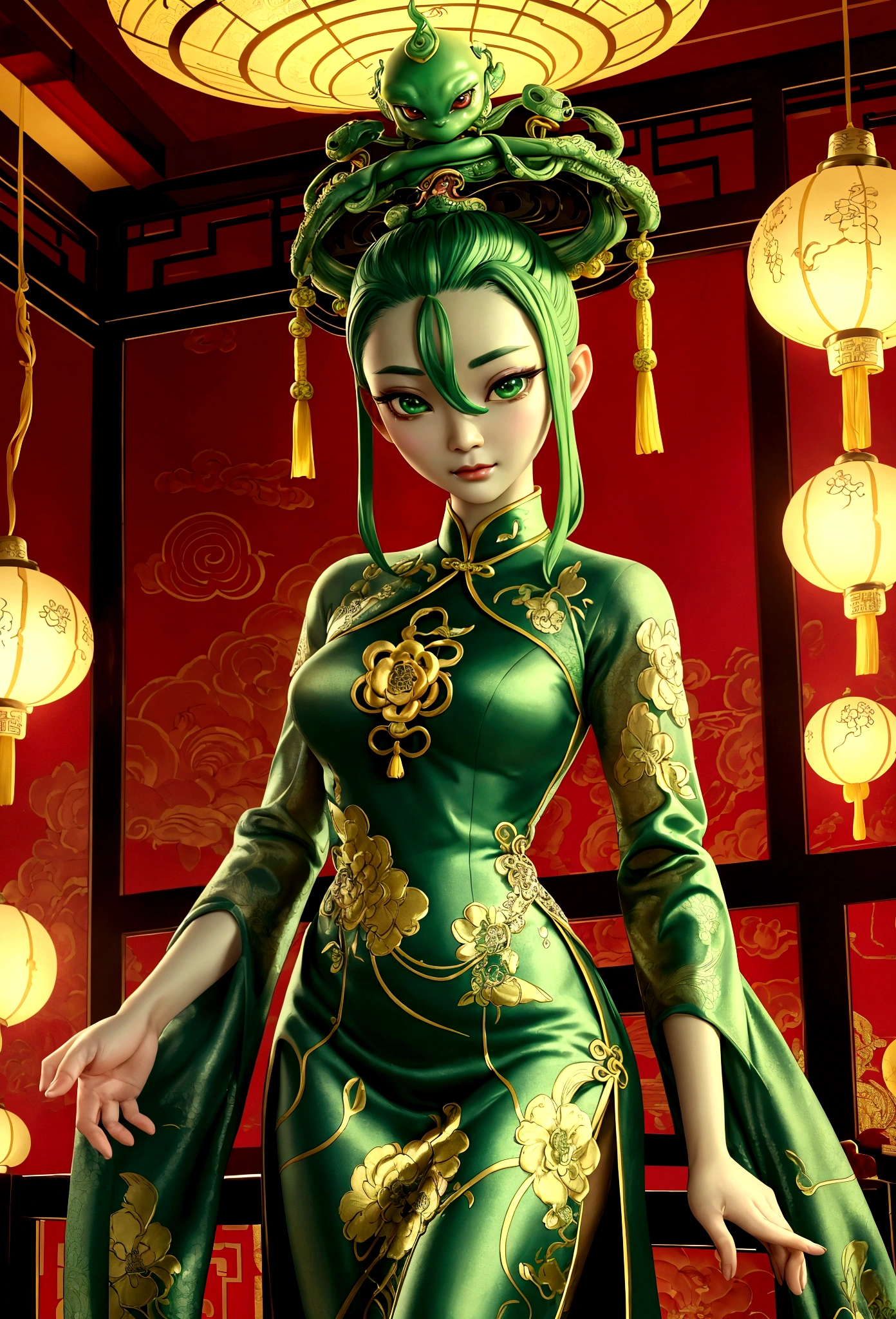 an alien creature,intricate cheongsam dress,asian royal room,green skin,barely humanoid,extremely detailed,photorealistic,ultra-detailed,masterpiece,8k,award winning art,dramatic lighting,ornate decor,ancient artifacts,opulent furnishings,silk embroidery,traditional chinese architecture
