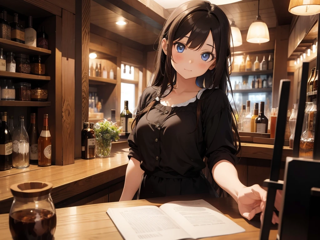 woman,long hair,brown hair,blue eyes,Dressed in black,standing behind the bar,detailed face,Detailed background