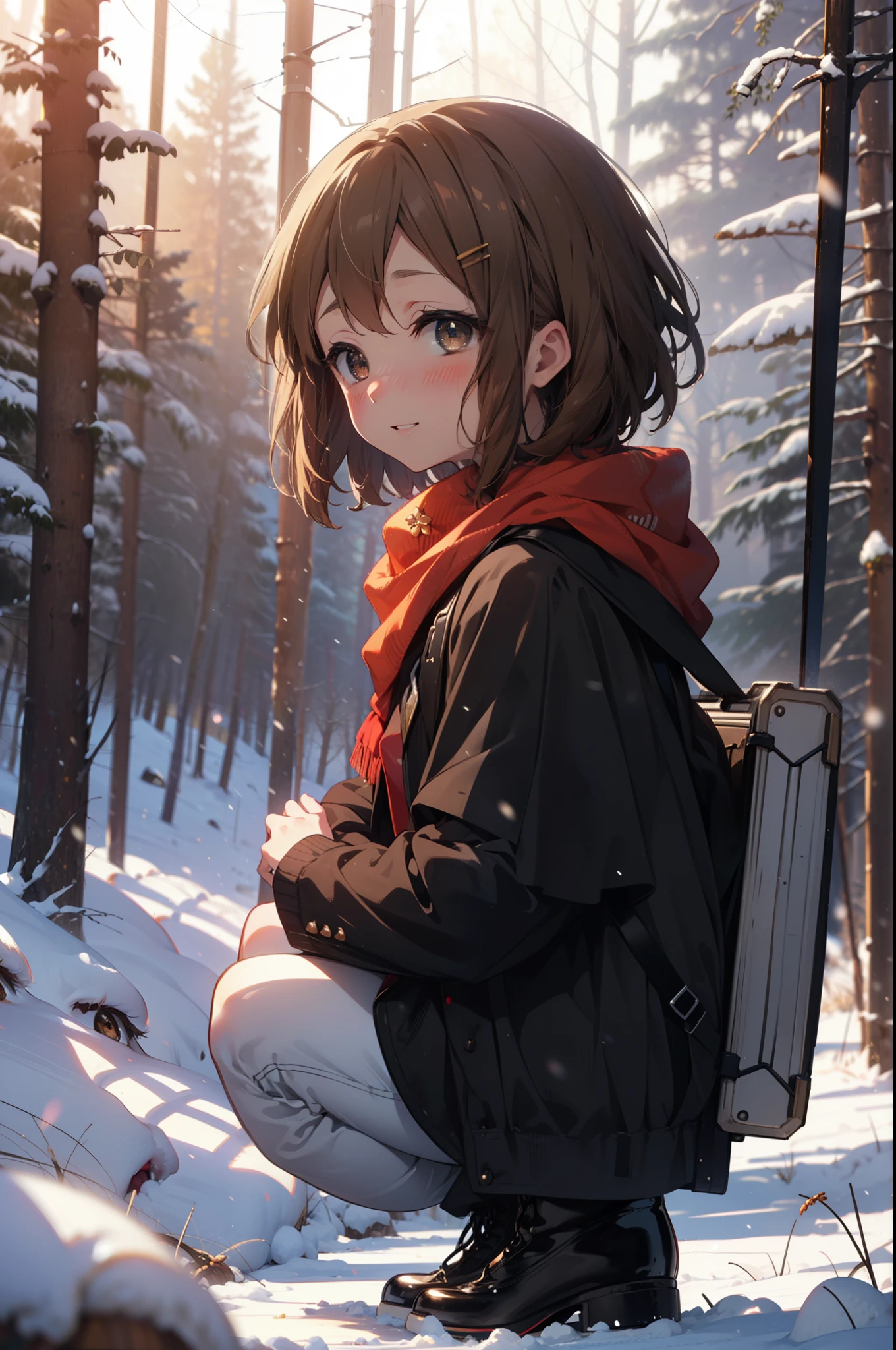 yuihirasawa, Yui Hirasawa, short hair, Brown Hair, hair ornaments, (Brown eyes:1.5), Hair Clip、smile,smile,blush,White Breath,
Open your mouth,snow,Ground bonfire,, Outdoor, boots, snowing, From the side, wood, suitcase, Cape, Blurred, , forest, White handbag, nature,  Squat, Mouth closed, Cape, winter, Written boundary depth, Black shoes, red Cape break looking at viewer, Upper Body, whole body, break Outdoor, forest, nature, break (masterpiece:1.2), Highest quality, High resolution, unity 8k wallpaper, (shape:0.8), (Beautiful and beautiful eyes:1.6), Highly detailed face, Perfect lighting, Highly detailed CG, (Perfect hands, Perfect Anatomy),