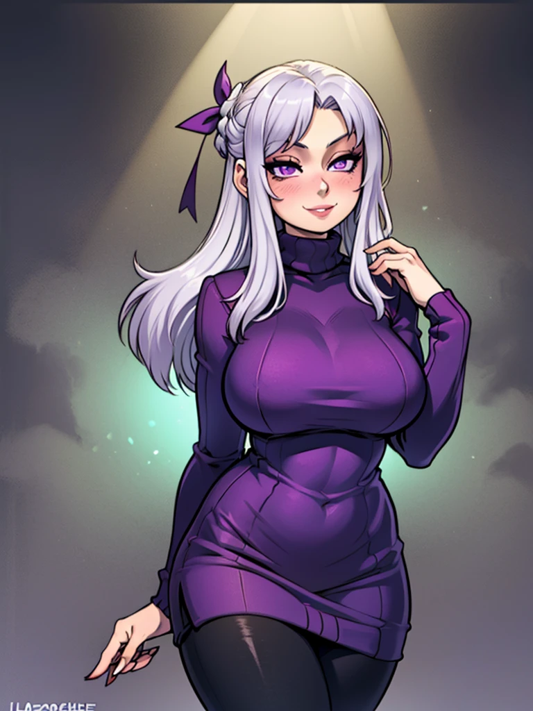 high_aesthetic,art by Lazorchef, ((Masterpiece, best quality, perfect lighting, amazing shading)), perfect anatomy, field of depth, extremely beautiful, long silver hair, hair ribbons, purple eyes, (turtleneck sweater dress), leggings, cute smile, blushing, (cowboy shot), (elegant pose), simple background