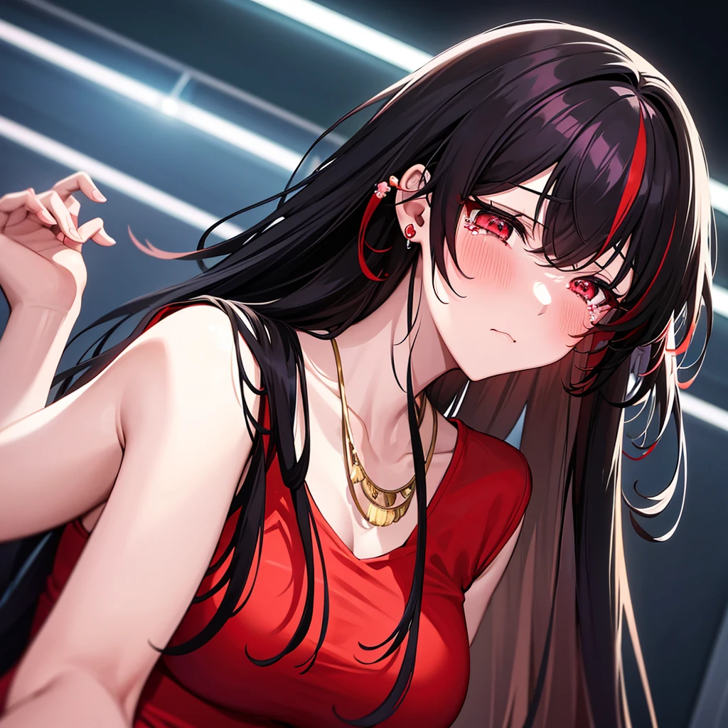 anime panel,upper body, 1girl,solo Korean, long black curly hair with red highlights, red slanted eyes, casual clothes, ear piercing, necklace, hair illuminated by party lights, party background, long chic dress,sad expression,crying ,closed eyes,blushing