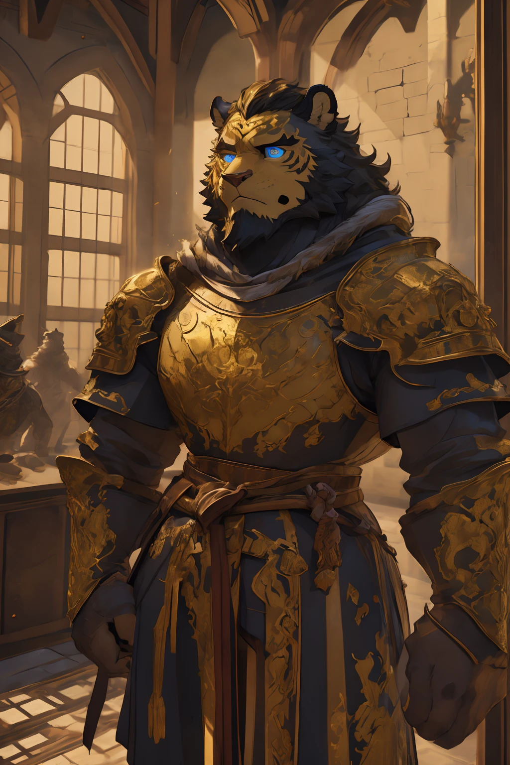 (Scarred body),(Medieval armor:1.5),king,16k high quality detailed art,(Medieval armor:1),(Golden Tiger:1.1), (((White and golden fur:1.5))),(Duotone),(A pair of eyes of different colors, One eye has a golden eye，The other eye has a blue eye:1.7),Both eyes are the same size:1.4),(Muscular body:1.3),Handsome,(OK),(Perfect face),(Exhausted:1.1),(Gold and white skin:1.3),(Full body description:1.3),Publaz, (Golden Tiger:1.1), (((Gold and white fur:1.3))),Handsome, (OK),Express,(Royal Palace Background),(Frightened expressions:1.3),(Golden Tiger tail),不同的Express,(A perfect masterpiece),(32k),(Abdominal muscles:1.3),(((middle aged:1.4))),(36 years old),(Gold Stripes),alone,(Black sideburns:1.2),(black beard:1.3),(Black Chin:1.3),(golden face pattern:1),(Very rich facial details:1.3),(Strong),(Mighty pose:1.3),Front view,(CG),(HD),(Black hair),Clothes are messy,Full body portrait,(Detailed background:1.3)
