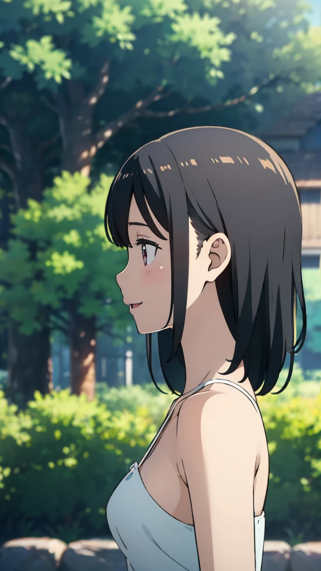 ((happy expression)), ((dropping eyes)),park background, middle breast, detailed face, highres, 1girl, 28yo, smile, good anatomy, soft focus, cinematic lighting, depth of field, profile shot