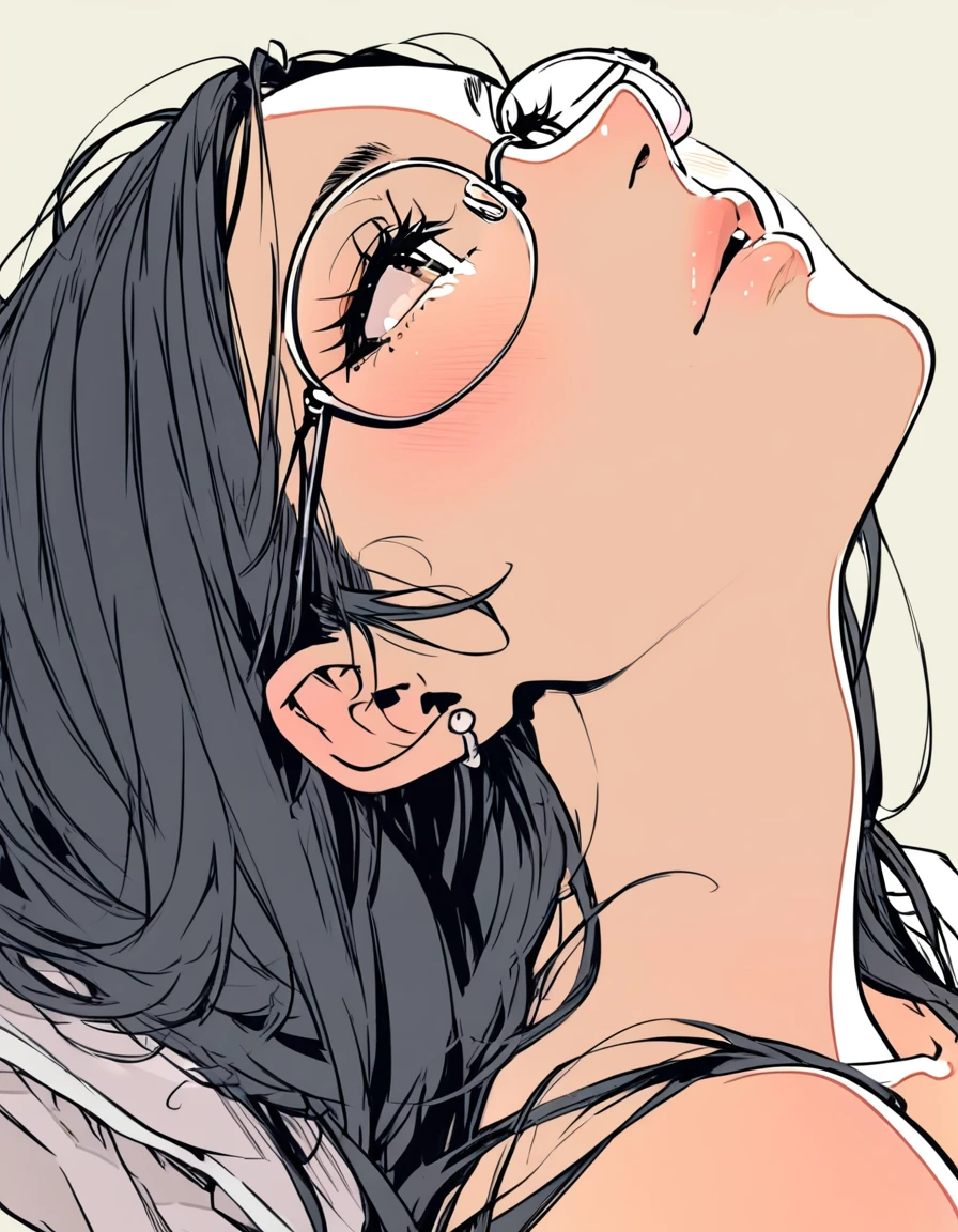 ultra-detailed:1.3, ultra delicate and detailed face:1.3, (absurdres, texture, masterpiece), pixiv contest winner, by Posuka Demizu, dynamic manga-style illustration of slender girl with glasses is sitting, moist eyes and lips, head tilt, ♡, head back,
