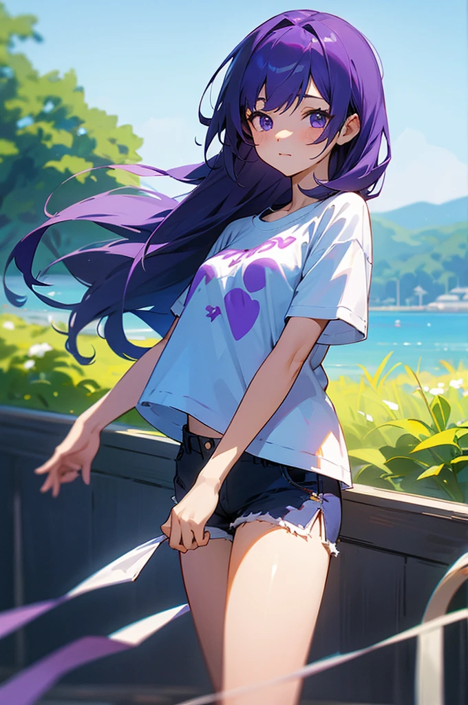 8K High Resolution、beautiful girl、Purple color、Long Hair、bright青色の髪、T-Shirts、Shorts、Blue sky、summer、bright