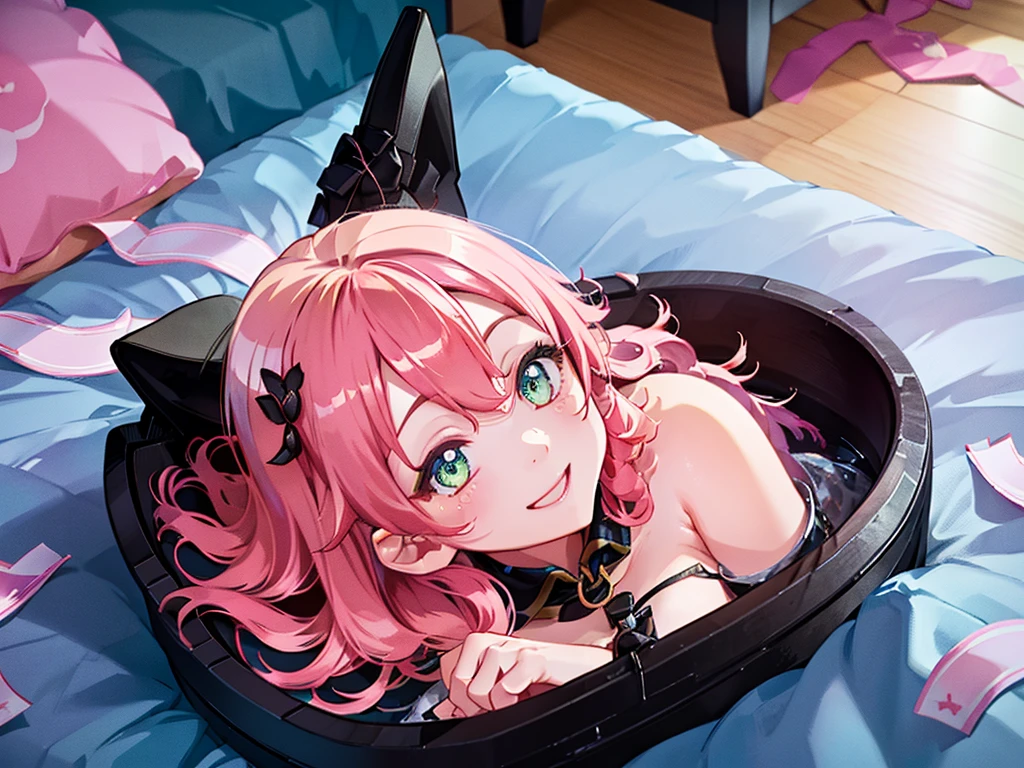 Ultra-high resolution,masterpiece, Attention to detail, Highest quality, 4K,(Pink Hair、Side Tail),(well endowed,Captivating body、Ultra-detailed skin、Beautiful eyes、Detailed Background),1girl、(bed、Prone、Smiling)