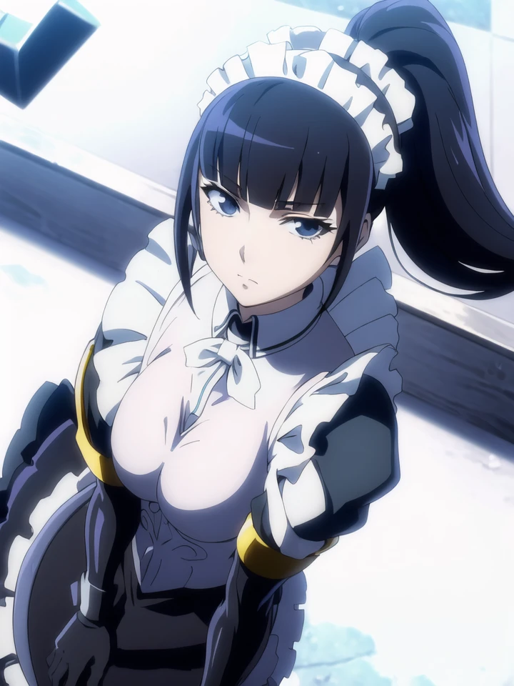 (((picture perfect))), (absurdres), 1girl, solo, narberal gamma, maid, armor, gloves, maid headdress, looking at viewer, expressionless
