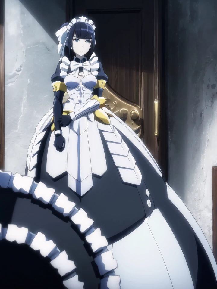 (((picture perfect))), (absurdres), 1girl, solo, narberal gamma, maid, armor, gloves, maid headdress, looking at viewer, expressionless