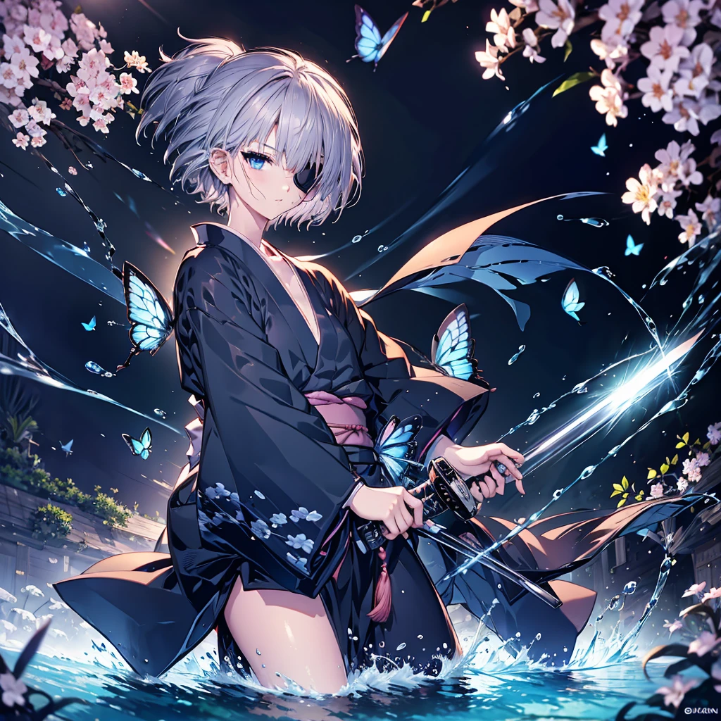 (((1 person Gray Hair))) ((((Eye patch)))) (((High resolution short hair Black kimono))) ((Shoulder Rin々Funny face Hold the sword)) ((Black Band samurai Lonely despair blue eyes Pull camera)) ((Blue Butterfly night Japanese style old Cherry Blossom Garden water surface Catch the wind Scattering cherry blossom petals)) ((Japanese sword Two-Way Slashing Bathed in light)) ((Sword Reflection pinkの光 pink)) 月night moonlight star Draw your sword Shining Background Shining Edge