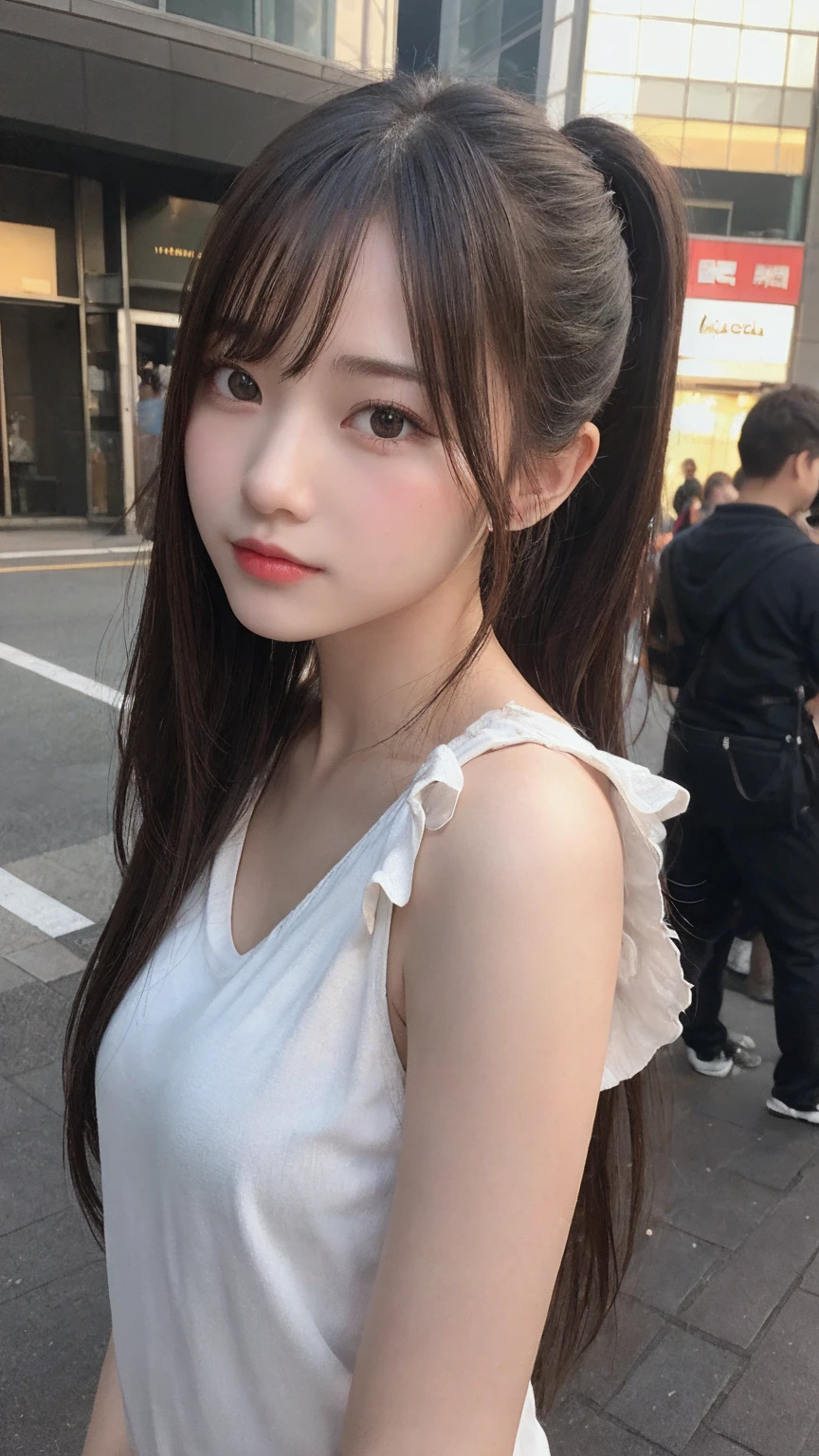 In detail, High resolution, high quality、Perfect dynamic composition, Beautiful attention to detail, Medium Hair, small 、Natural color lip,Kamimei、Shibuya Ward、20-year-old girl、1 person、Clear Skin、Shiny Hair、Tabletop, 最high quality, figure, Super detailed, In detail, High resolution, 8K、The correct state of the human body、Random pose、、Sculpture model pose，Hair dancing in the wind、ponytail