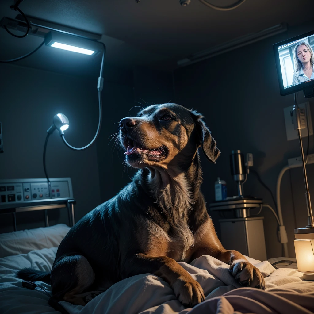 dog dying in a surgery bed in the hospital room, with doctors watching over him, and his soul leaving his body in a brilliant and mystical way, deep color, realistic, wide screen, intricate detail, splash screen, complementary colors, realistic concept art, Unreal Engine 5 volumetric lighting", dynamic lighting hyperdetailed