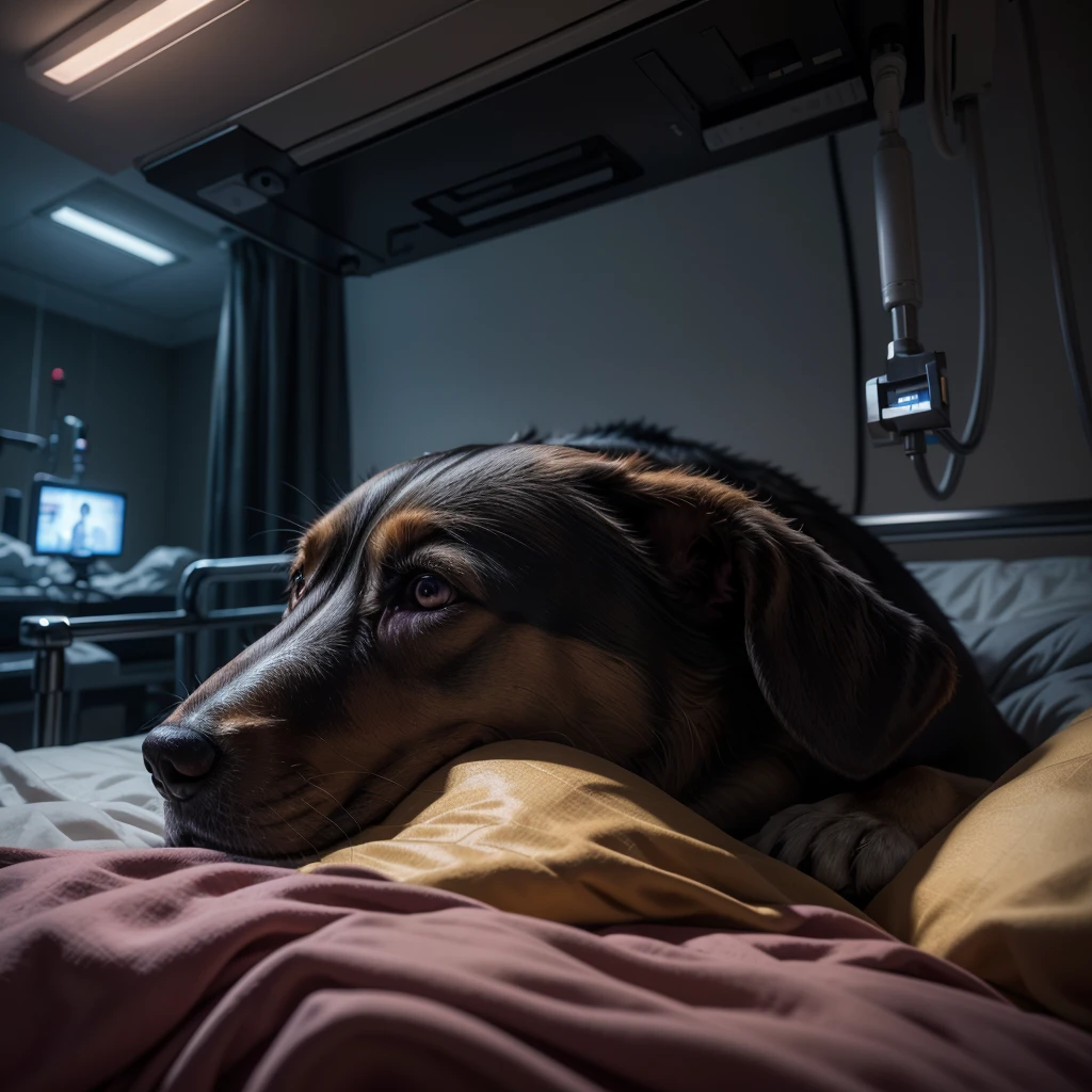 dog dying in a surgery bed in the hospital room, with doctors watching over him, and his soul leaving his body in a brilliant and mystical way, deep color, realistic, wide screen, intricate detail, splash screen, complementary colors, realistic concept art, Unreal Engine 5 volumetric lighting", dynamic lighting hyperdetailed
