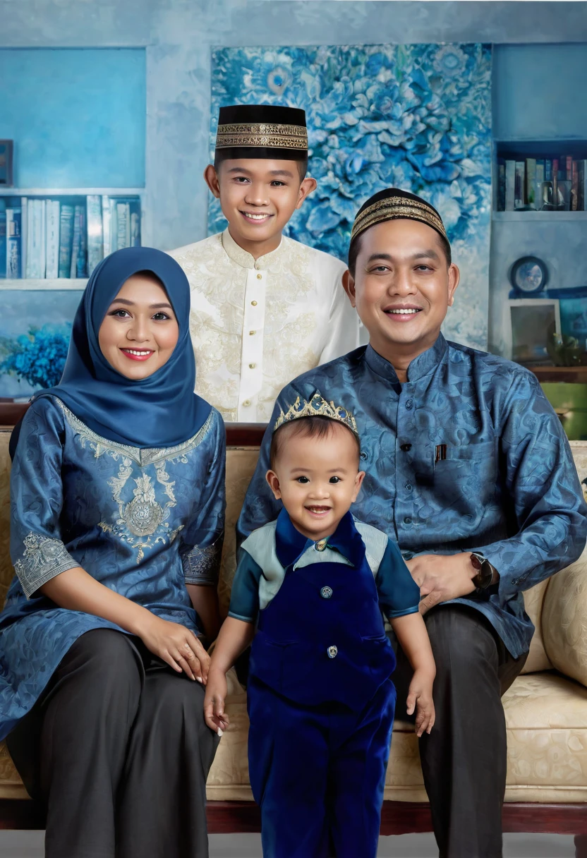 there are three people sitting on a couch with a , an indonesian family portrait, happy family, full protrait, barong family, family portrait, potrait, portrait picture, color portrait, realism artstyle, protrait, inspired by Basuki Abdullah, 1 / 4 portrait, photoshopped, photoshot, old picture, photo portrait, 3/4 portrait