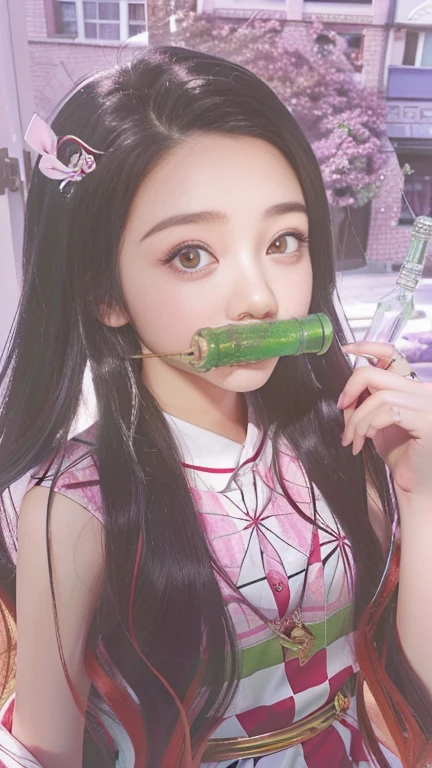 anime girl with a green bottle in her mouth and a bird on her hand, nezuko-chan, anime visual of a cute girl, soft anime illustration, nezuko, kawaii realistic portrait, artwork in the style of guweiz, digital anime illustration, clean detailed anime art, detailed fanart, insect trainer girl, marin kitagawa fanart