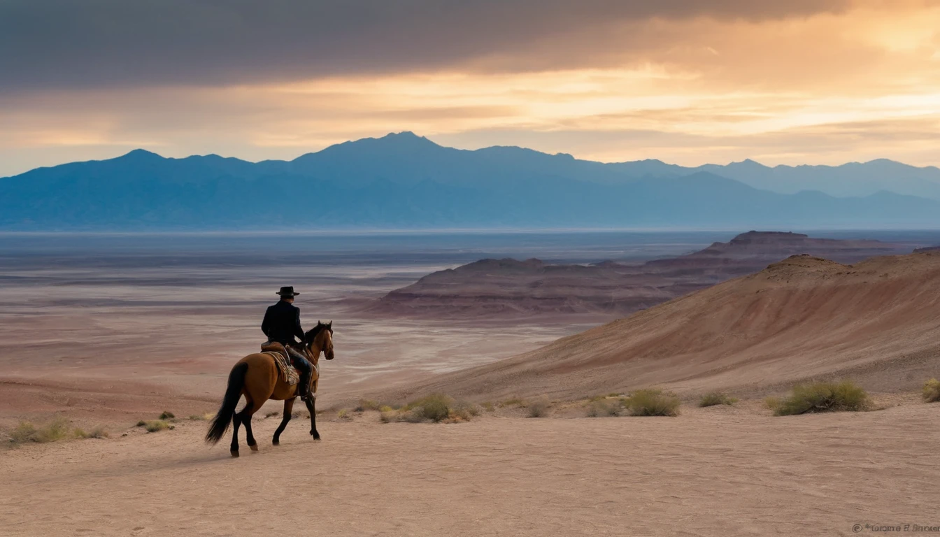 Show a solitary rider on horseback, walking on a desert hill at sunset.
- The rider should be dressed in simple, traditional clothes, and mounted on a sturdy horse.
- The hill should have a sandy and rugged texture, typical of a desert.
- The sky should be partly cloudy, with scattered clouds reflecting the colors of the sunset.
- The sunset light should be soft#FFA500 e #FF4500, creating a golden effect that dramatically illuminates the scene.
- Include a warm color palette with shades of orange, yellow, and brown, mixed with the soft blue of the sky.
- The composition should emphasize the vastness of the desert, with the rider appearing small in comparison to the landscape.
- Capture an atmosphere of tranquility and solitude, with a sense of gentle movement, as if the horse is walking slowly.
- The image should have a cinematic style, with attention to detail in lighting and shadows to create a realistic effect.
- Do not include green or lush vegetation.
- Avoid adding any modern human structures like buildings or roads.
- Do not use cool colors like blue predominantly in the image.
- Do not include more characters or figures, keep the focus on the solitary rider.
- Avoid a fully cloudy or rainy sky.
- Do not add additional creatures or animals in the scene.
- Do not use a cartoonish or simplified style, maintain realism and detail.pantones  #CEDBE1#D3B9AO#73503C#A6826D#261B17.
