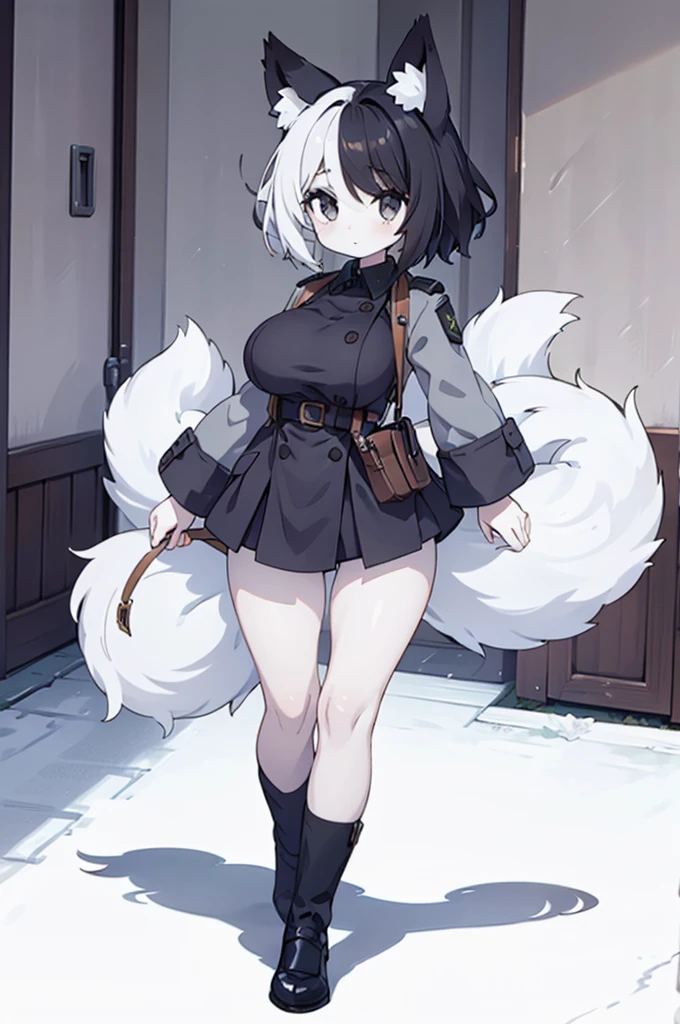 Highest quality, 1girl, solo, black hair, black eyes, pale skin, gray uniform, large breasts, wide hips, fox ears, fox tail