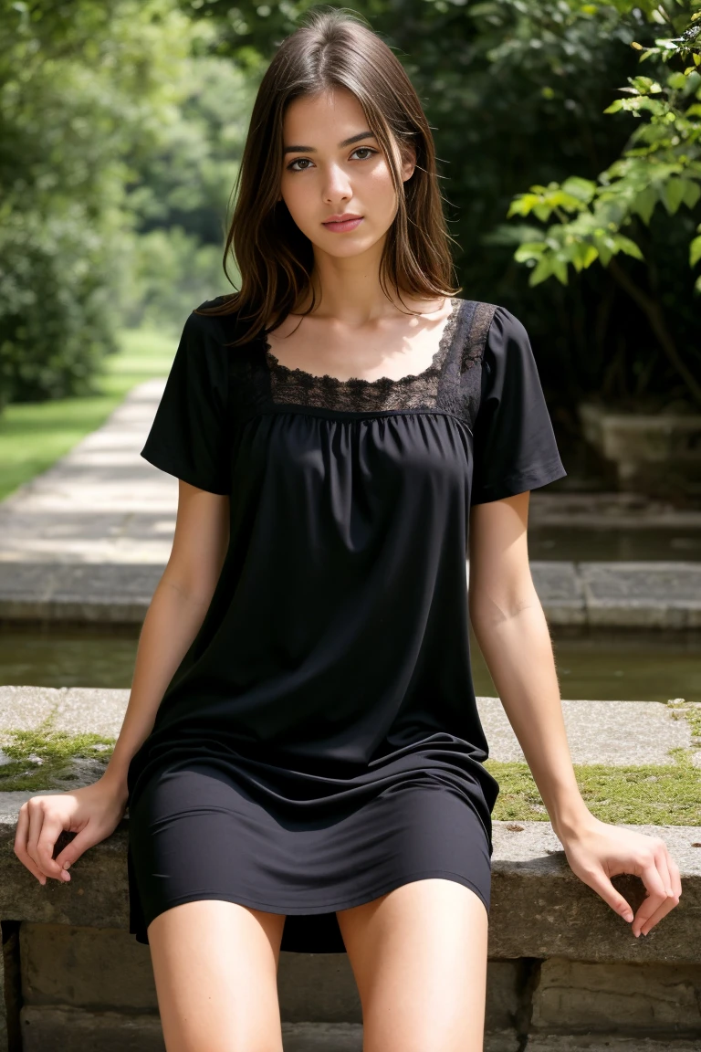 (best quality,realistic,ultra-detailed),a sexy and slim 18-year-old French brunette woman in black short sleeve nightdress, visible leg,sur un banc,