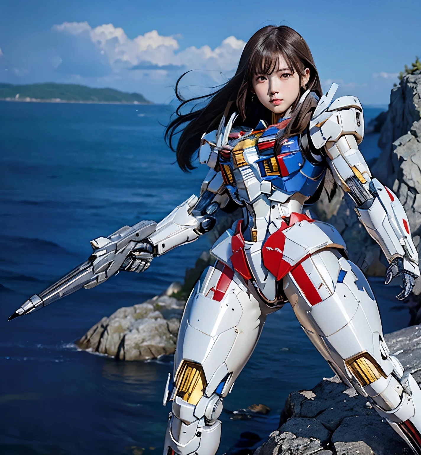 Textured skin, Super Detail, Attention to detail, high quality,high quality, High resolution, 1080p, hard disk, beautiful,(Gundam Aerial),Beautiful cyborg woman,Mecha Cyborg Girl,battle mode,Girl with a mechanical body,She wears a futuristic Gundam mecha,Full Body Shot