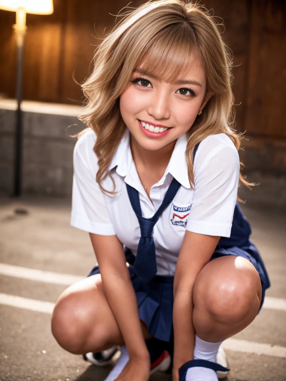 A laughing 18-year-old Japanese gal,( Laughing with your mouth open)(Smiling at the camera),(Anatomically correct),masterpiece, Highest quality, Photorealistic,Beautiful girls, cute,High resolution, Ultra-detailed,Cinema Lighting, Sunburned skin,alone,woman,(Wavy Hair,Blonde), (school uniform:1.2),Loose socks, Glamour, Large Breasts,(Sunburned skin)