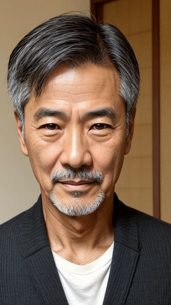 Male in his 50s, Japanese, light black short hair, brown eyes, friendly impression, senior-like mature and casual clothing, face beginning to show fine lines and wrinkles.