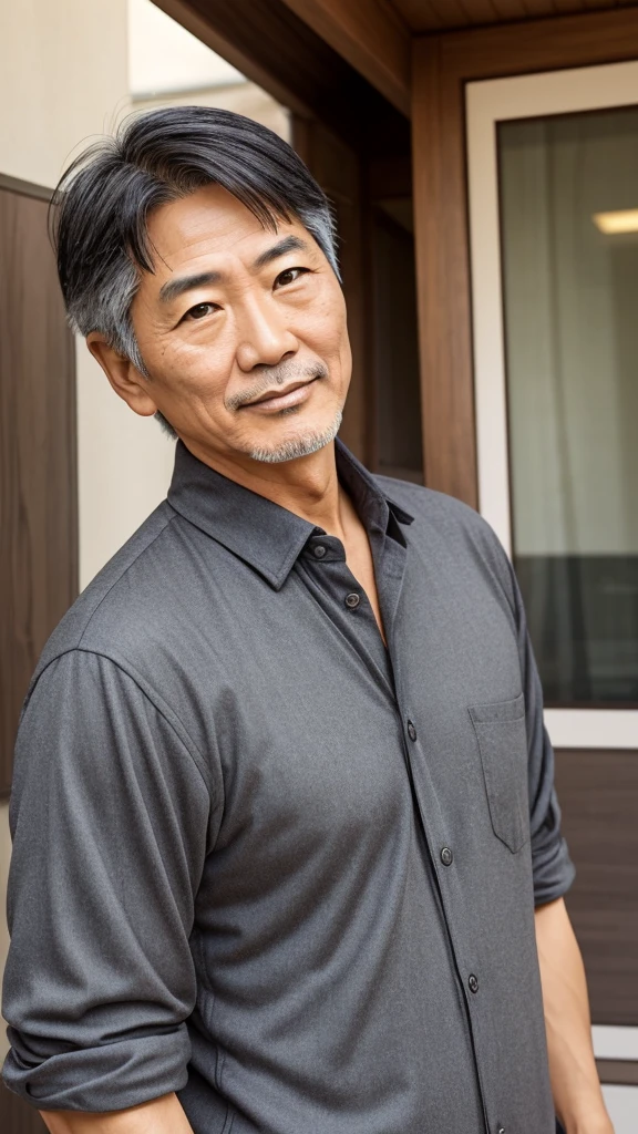 Male in his 50s, Japanese, light black short hair, brown eyes, friendly impression, senior-like mature and casual clothing, face beginning to show fine lines and wrinkles.