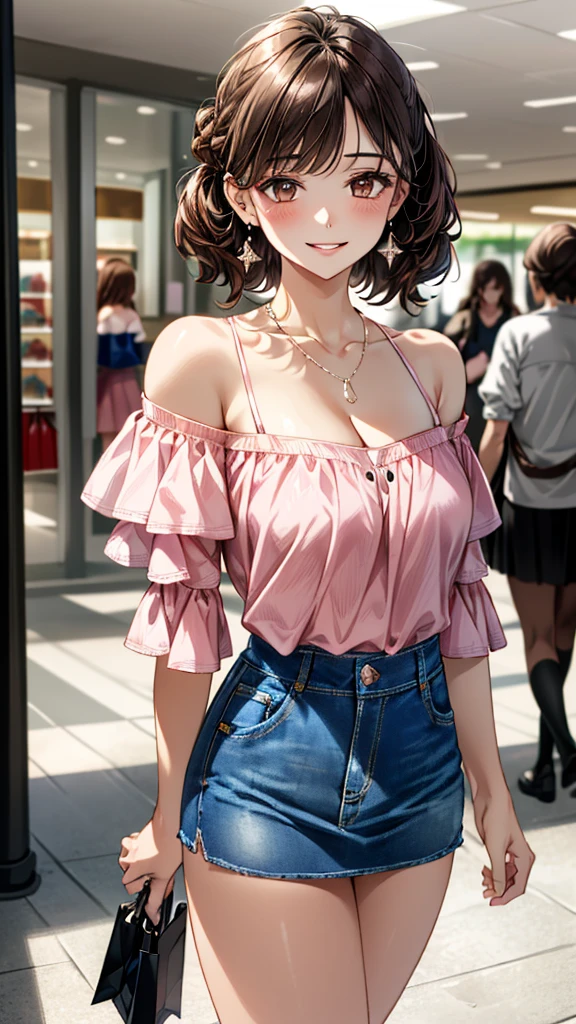 (masterpiece:1.3, Highest quality, Ultra-high resolution：1.2, Super detailed、8K), (Realistic, photoRealistic:1.4), Beautiful illustrations, Perfect lighting, colorful, Depth of written boundary, Beautiful detailed hair, Beautifully detailed face, Beautiful fine details, Droopy eyes、Beautiful clavicle, Beautiful body, 美しいLarge Breasts, Beautiful thighs, Beautiful feet, Beautiful fingers, View Viewer、Front view:0.6, Beauty1人, Japanese, Beauty、30 years old, Perfect Face, (Perfect Anatomy, Anatomically correct), Cute and symmetrical face, Baby Face, , Shiny skin,(Pink off-shoulder blouse:1.4), ((Denim skirt:1.5))  、(pumps:1.3)、(Dark brown hair, Updo Hair:1.4), braided bangs、Dark brown eyes, (Large Breasts, Slim body), necklace, Small earrings:1.1, (Beautiful views), (noon),  Shopping mall、Are standing、 A soft smile、(Smile, Lips parted),