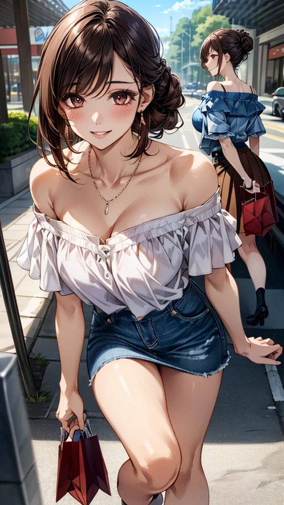(masterpiece:1.3, Highest quality, Ultra-high resolution:1.2, Super detailed、8K), (Realistic, photoRealistic:1.4), Beautiful illustrations, Perfect lighting, colorful, Depth of written boundary, Beautiful detailed hair, Beautifully detailed face, Beautiful fine details, Droopy eyes、Beautiful clavicle, Beautiful body, 美しいLarge Breasts, Beautiful thighs, Beautiful feet, Beautiful fingers, View Viewer、Front view:0.6, Beauty1人, Japanese, Beauty、30 years old, Perfect Face, (Perfect Anatomy, Anatomically correct), Cute and symmetrical face, Baby Face, , Shiny skin,(Pink off-shoulder blouse:1.4), ((Denim skirt:1.5)) 、(pumps:1.3)、(Dark brown hair, Updo Hair:1.4), braided bangs、Dark brown eyes, (Large Breasts, Slim body), necklace, Small earrings:1.1, (Beautiful views), (noon), Shopping mall、Are standing、 A soft smile、(Smile, Lips parted),