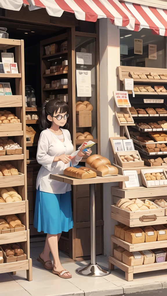 In front of the shop, bread, glasses of milk, various snacks on the table. 