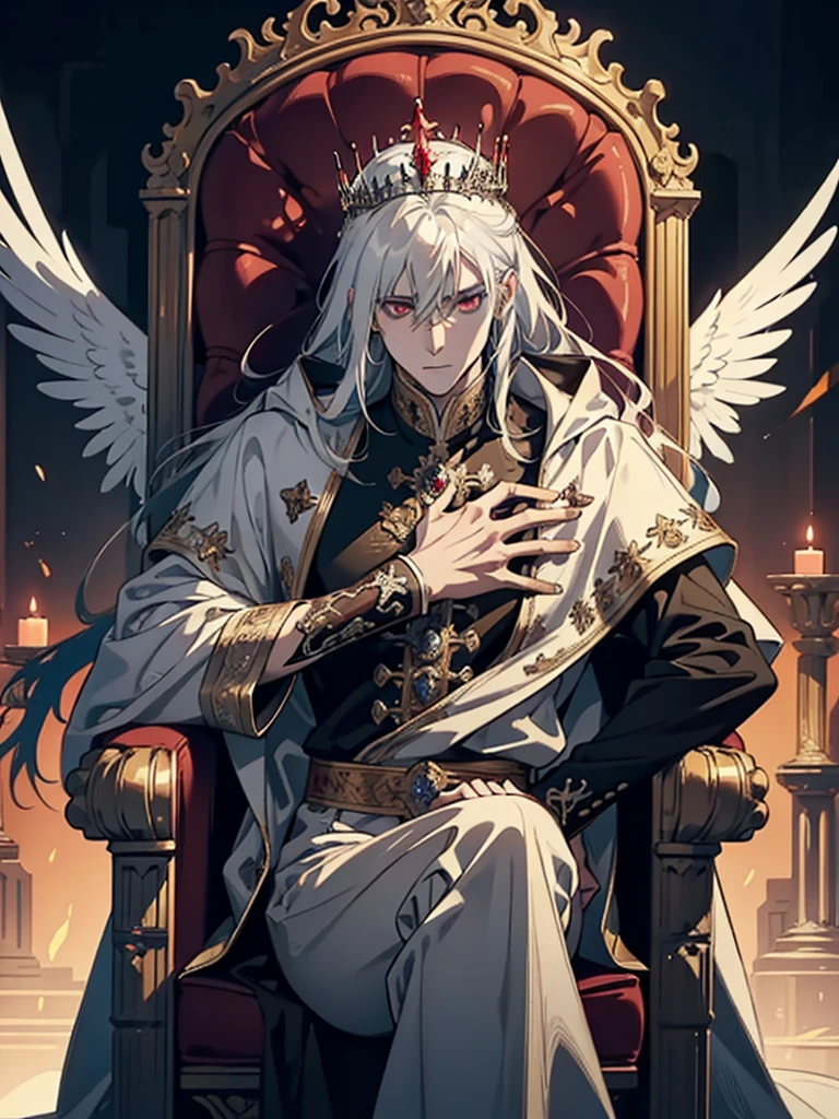A white-haired, silver-eyed prince sits on a majestic throne inside an abandoned palace with crown. The environment around him is dark and gloomy, with cracks in the walls and cobwebs hanging there. The throne is ornate, with details in gold and precious stones, and is covered by a dusty cloth. The protagonist is wearing royal clothing, with a determined expression on his face, as he stares at the horizon with glowing red eyes, masterpiece, best quality, ultra-detailed, illustration, 8k resolution concept art, fantasy art, epic art, concept art wallpaper 4k, deep color, natural lighting. adult, handsome, tall muscular guy, broad shoulders.