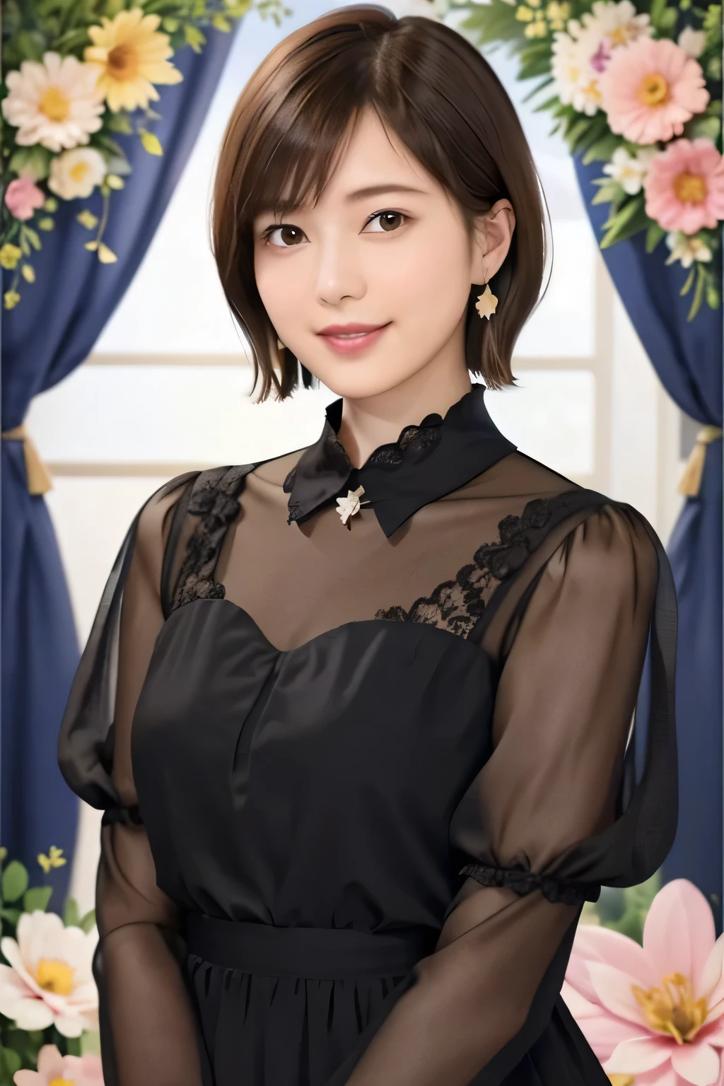 205 ((short hair)), 20-year-old female, Surrealism, Flower smile、Beautiful teeth alignment、Brown Hair首にネックレス、ear piercing、Dark brown hair、Gorgeous Dress