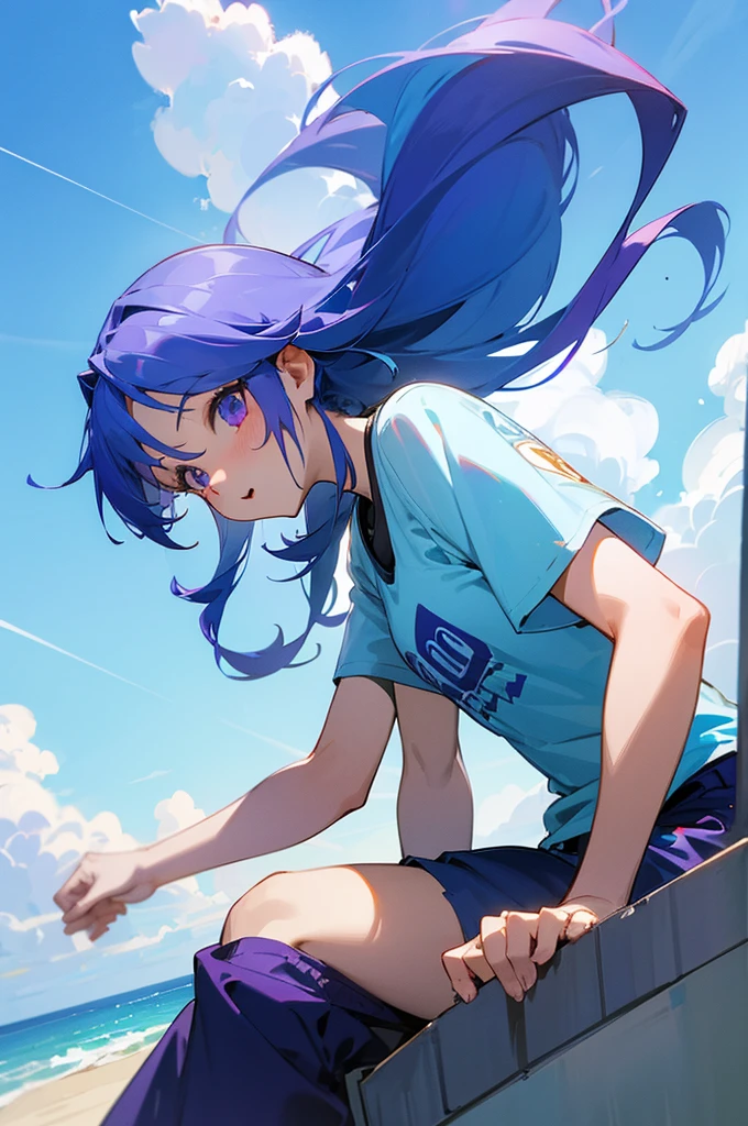 8K High Resolution、beautiful girl、Purple color、Long Hair、Blue Hair、Blue Hair、Sky blue hair、T-Shirts、Shorts、Blue sky、summer、bright