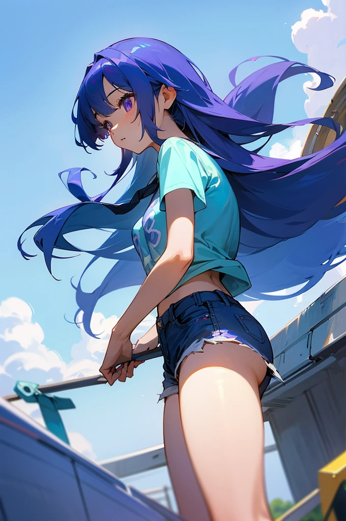 8K High Resolution、beautiful girl、Purple color、Long Hair、Blue Hair、Blue Hair、Sky blue hair、T-Shirts、Shorts、Blue sky、summer、bright