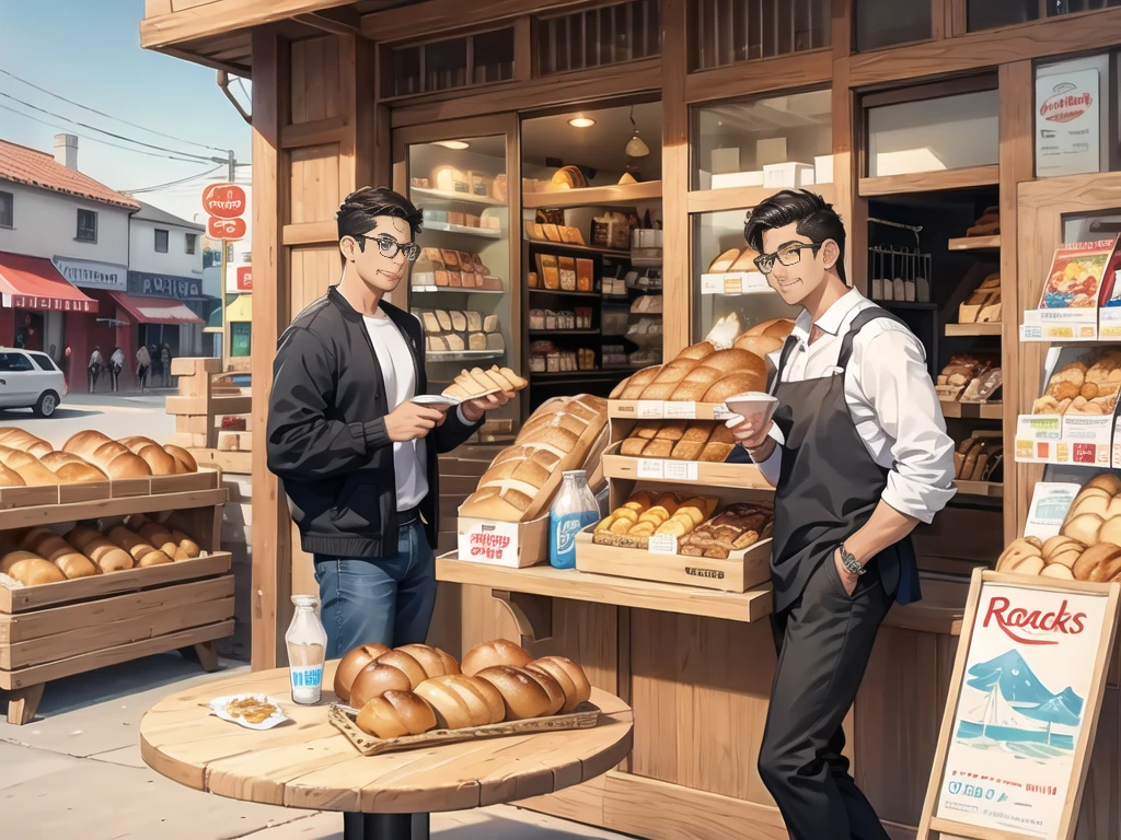 In front of the shop, bread, glasses of milk, various snacks on the table. 