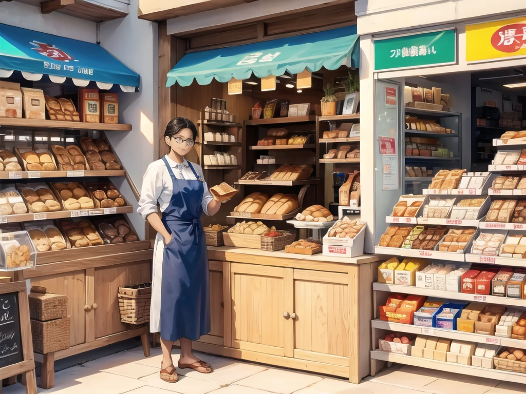 In front of the shop, bread, glasses of milk, various snacks on the table. 