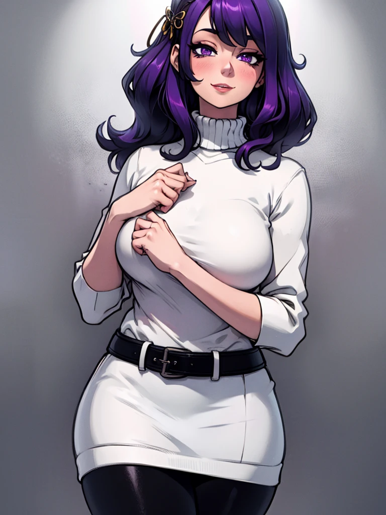 high_aesthetic,art by Lazorchef, ((Masterpiece, best quality, perfect lighting, amazing shading)), perfect anatomy, field of depth, extremely beautiful, long silver hair, hair ribbons, purple eyes, (turtleneck) sweater dress, leggings, cute smile, blushing, (cowboy shot), (elegant pose), simple background