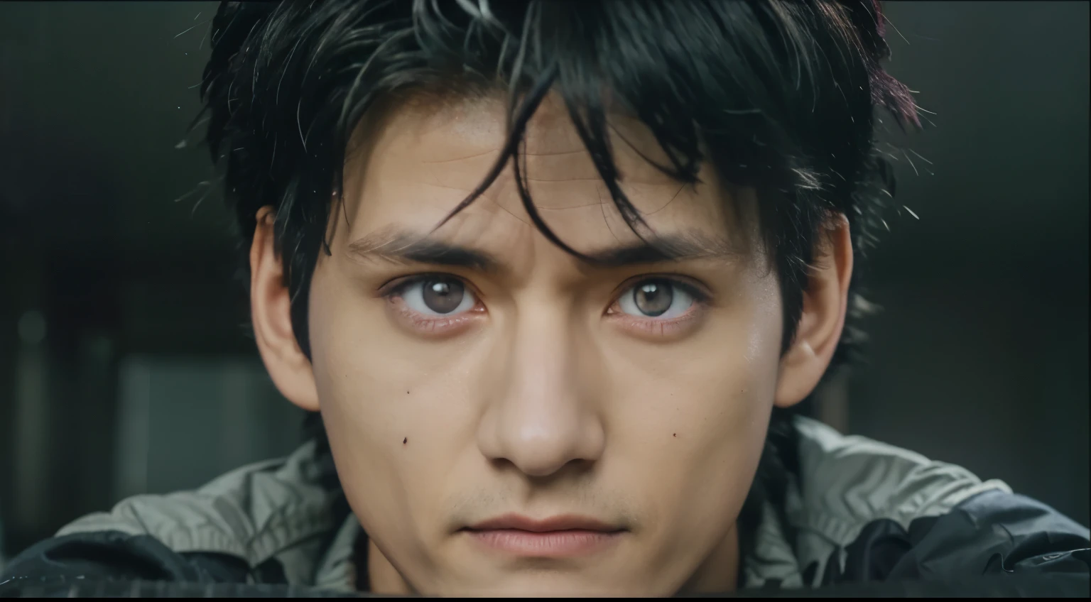 1 Obito guy, purple jacket, black hair, facial lines on the right, purple eyes on the right and red eyes on the left, realis, ultra detail, 70mm lens