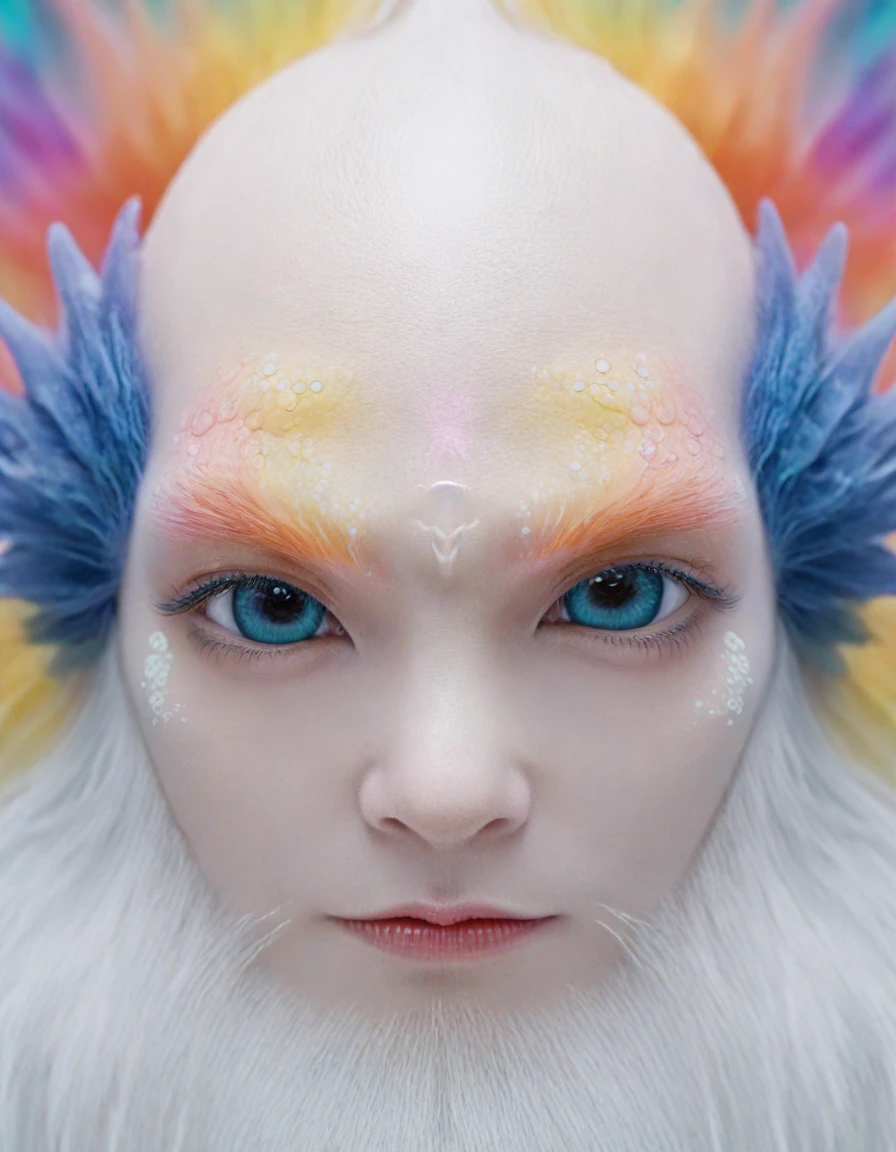 huge, Macro-human origins, a monster creature，Look directly into the camera. This concept image has a bold outline，Rich in details, Blending reality and fractal elements. This creature is colorful., Focus on the face and eyes, Create high-quality masterpieces. 背景Rich in details，But the depth of field is shallow, Enhance the prominence of creatures in the scene.