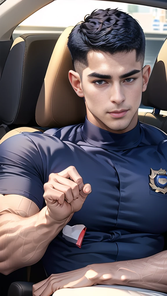 (Create a masterpiece: 1.2),(CGI art:1.3),(realistic:1.5),(After processing:1.3),(Sharp focus:1.3), 1 man holds the steering wheel of a car ,(crew cut short hair:1.8),black eye, smile, (Wear color navy round neck T-shirt with a Police badge: 1.3), Navy blue jeans, Korean guy , korean men, (High gloss details), chest muscles, large arm muscles, blood vessel, Big muscles, Broad shoulders, looking at the audience, Balancing the eyes, middle of the road, (drive a car: 1.5), (in the car: 1.3), , middle of the road