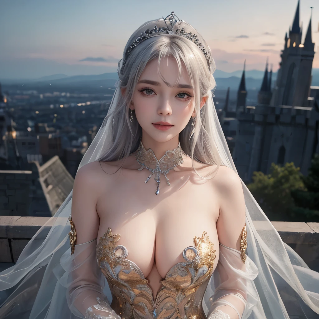 Girl, transparent, see through, silver and gold dress, topless, silver hair, tiara, glove, chokes, silver long sleeves, silver veils, ear wear, detailed hand, oval face, smile, picture form top to knee, sexy pose, extra large breasts, look at camera, camera from top, detailed, night, castle background, photorealistic, best quality