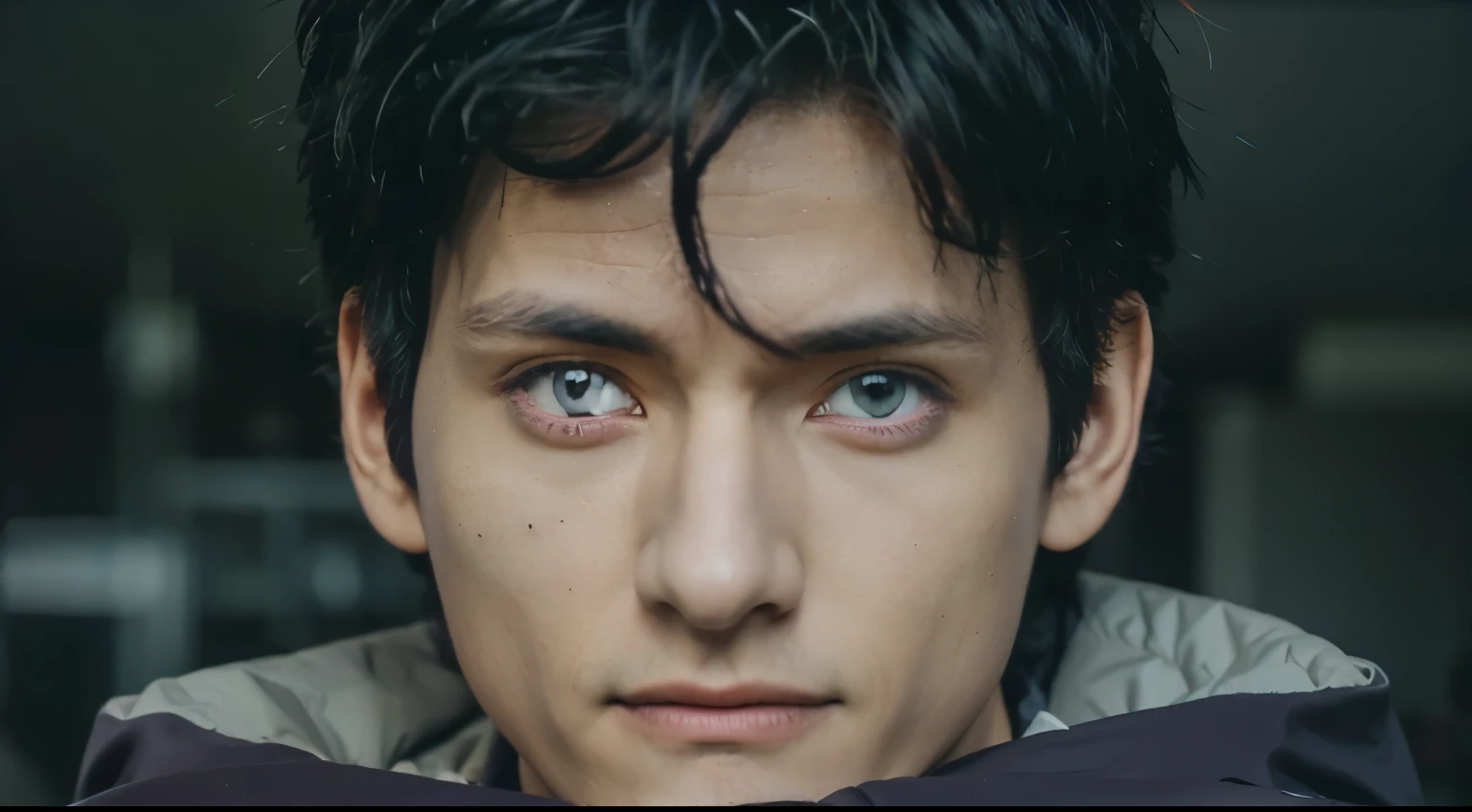 1 Obito guy, purple jacket, black hair, facial lines on the right, purple eyes on the right and red eyes on the left, realis, ultra detail, 70mm lens