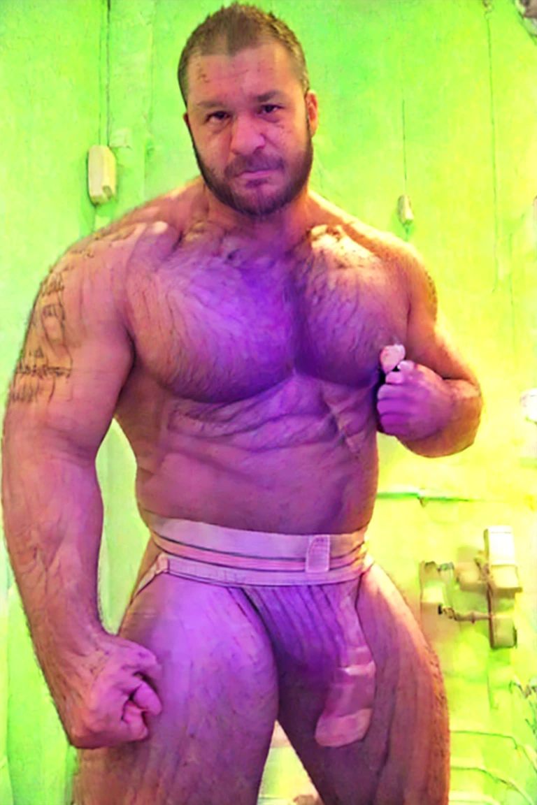 three beefy bearded Asian man with a more bigger body size, big beer belly, pumped chest, tribal art style tattoos, authoritative expression, sweating, and gripping his chest, hugging from behind, wearing a waiter suit, lightblue lights, fisheye camera