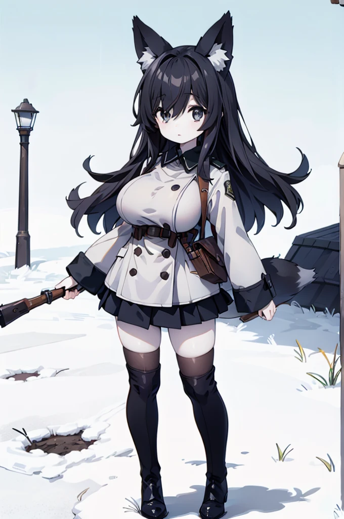 Highest quality, 1girl, solo, black hair, black eyes, pale skin, gray uniform, large breasts, fox ears, fox tail