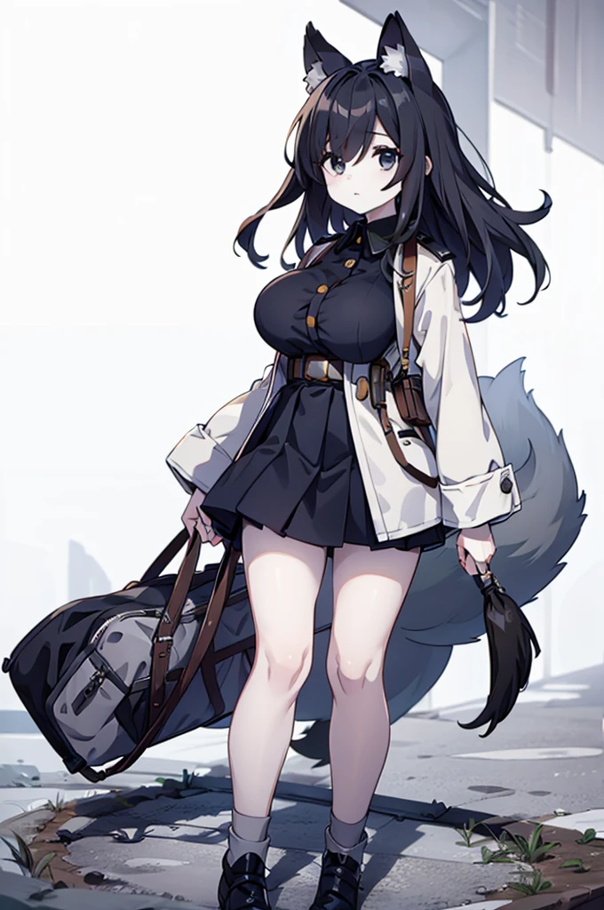 Highest quality, 1girl, solo, black hair, black eyes, pale skin, gray uniform, large breasts, fox ears, fox tail