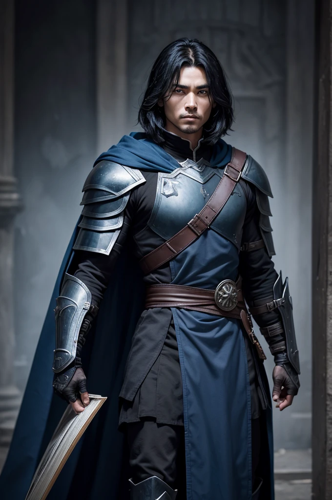 Warrior man in dark armor, shoulder length black hair, with a blue cloak and a book on his waist. 2d
