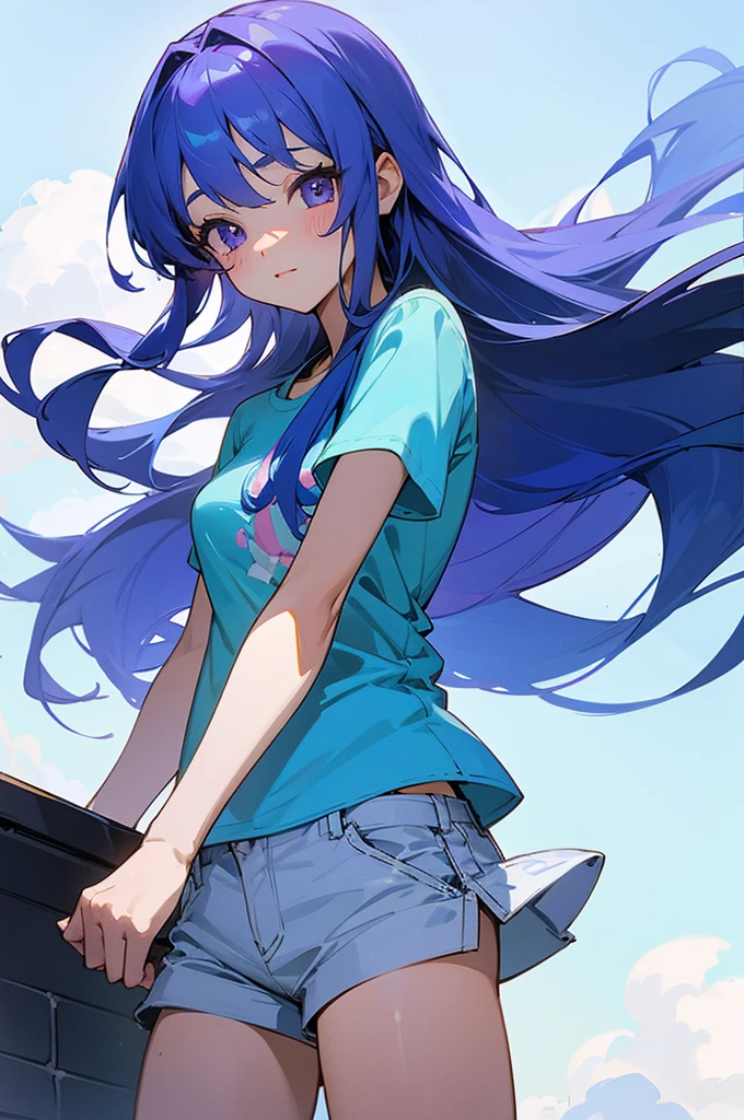8K High Resolution、beautiful girl、Purple color、Long Hair、Blue Hair、Blue Hair、Sky blue hair、T-Shirts、Shorts、Blue sky、summer、bright