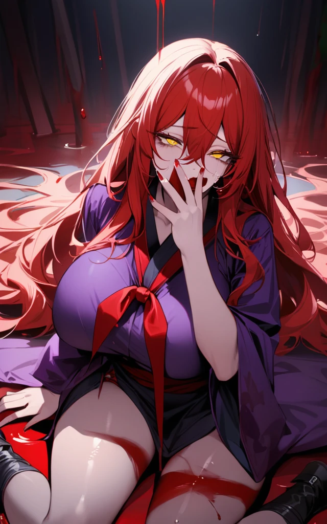(masterpiece)、(absurdres)、(ultra detailed),Crazy Eyes、despair、Dark Side、half-closed eyes,,Tears of Blood、Red tears、Blood droplets、darkness,Blood pool、wariza,独奏,Tall woman:1.2、huge breast:0.7、wavy hair:0.8、red long hair:1.1 、yellow eyes、hair between eyes、purple kimono、Touch your face with both hands、